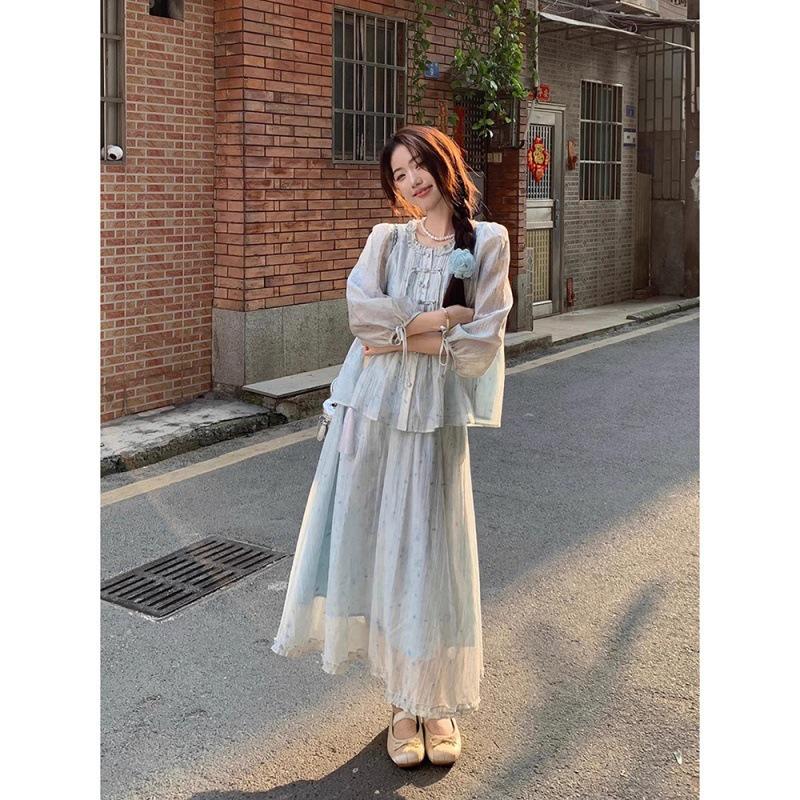 

Summer Mint Gradient Frog Button Shirt & A-line Skirt Two-Piece Set for Women L