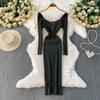 Autumn Spring Women Sexy Square Collar Luxury Beading Knitted Sweater Party Dress Long Midi Sheath Bodycon Sheath Dresses