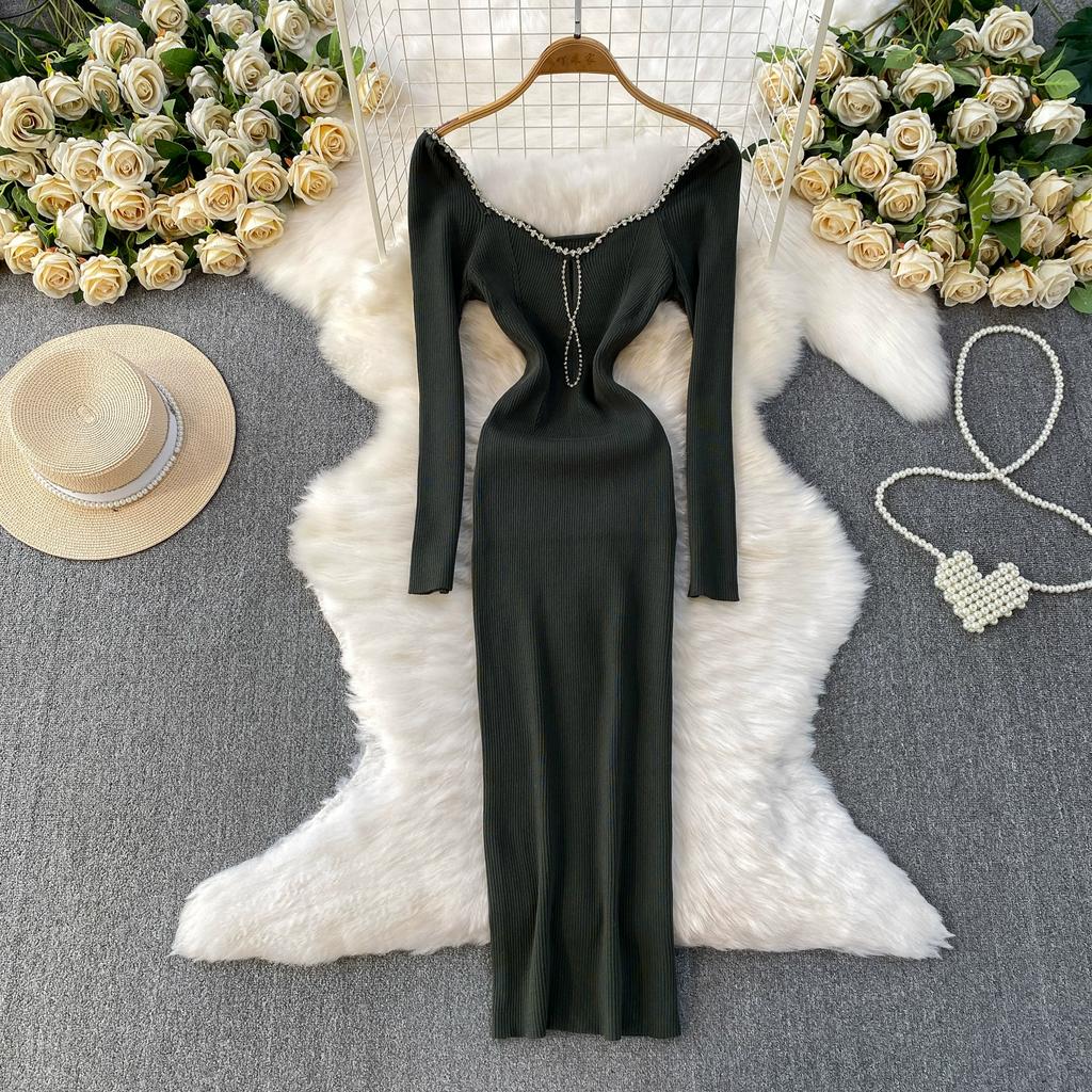 Autumn Spring Women Sexy Square Collar Luxury Beading Knitted Sweater Party Dress Long Midi Sheath Bodycon Sheath Dresses
