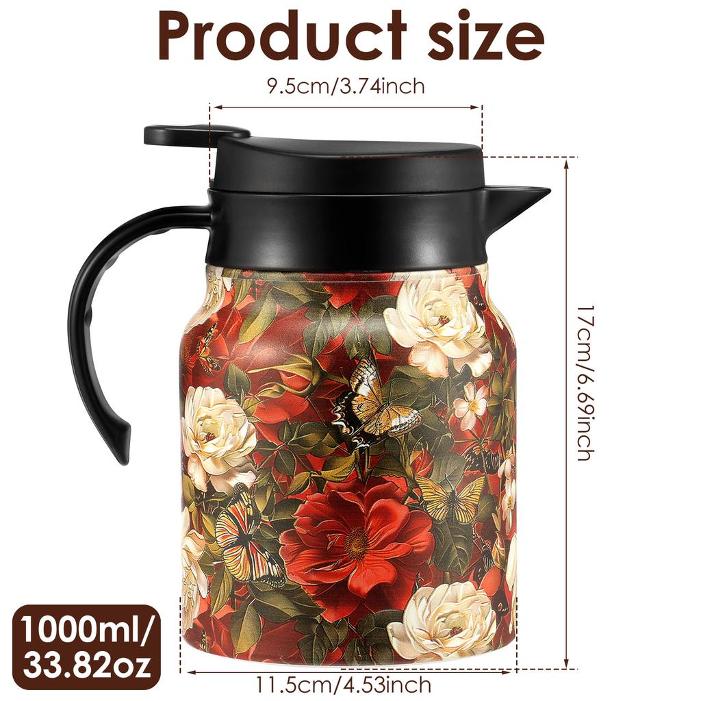 800/1000ml Vintage Blumen Tee Thermoskanne Edelstahl Teekessel Auslaufsichere Teekanne mit Tee-Sieb Mini Thermo Kaffeekanne