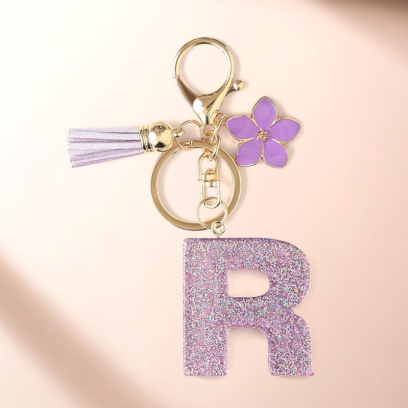 Flash Powder 26 English letters, diy, Resin keychain, purple flower, pendant, bag pendant, keychain, Christmas gift, Stocking stuffers