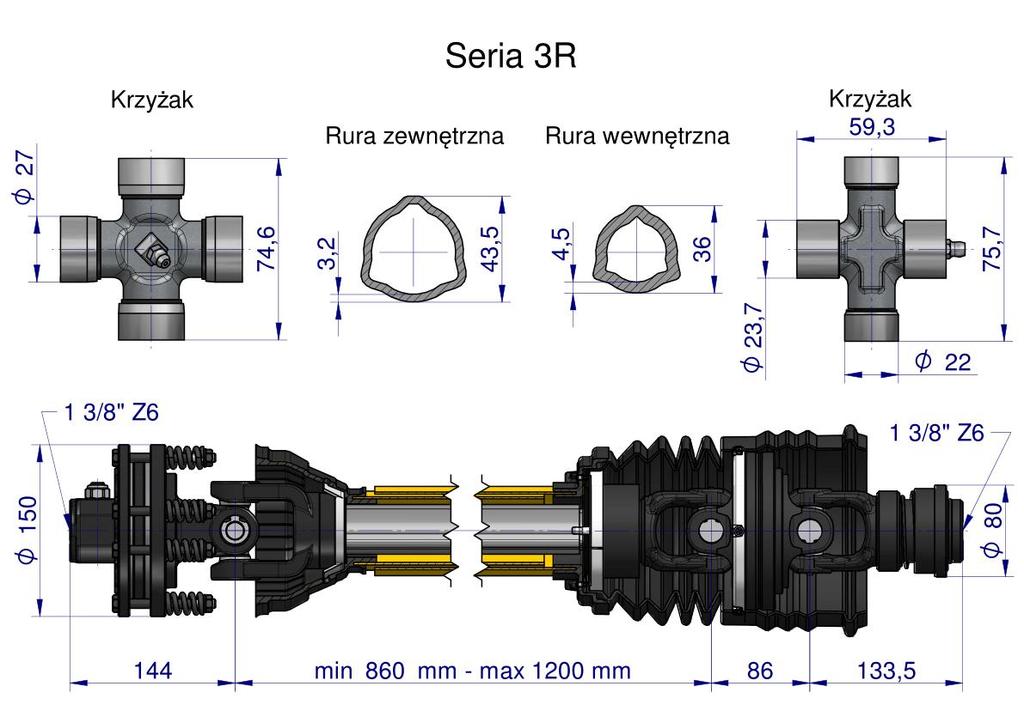 Telescopic PTO Shaft 860-1200mm 460Nm Friction Clutch 900Nm Wide Angle CE Series 3R WARYŃSKI