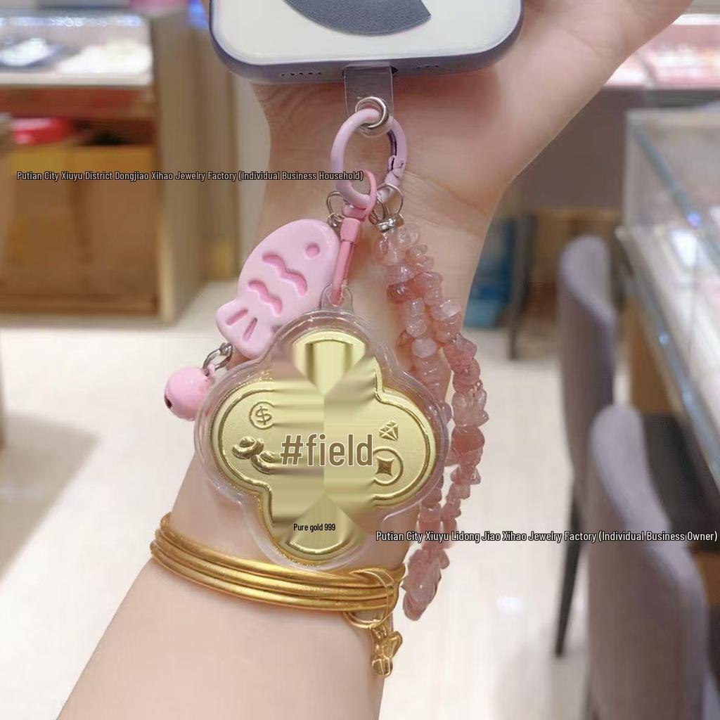 999 Pure Gold Four-Leaf Clover Good Luck Charm: Little Fish, Strawberry Bear Bracelet, Keychain, & Phone Pendant
