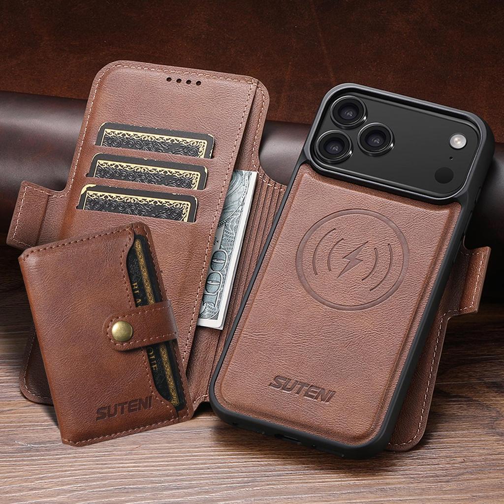 iPhone 17 Pro Max Leather Flip Case: Card Slot, Magnetic, Wireless Charging Stand