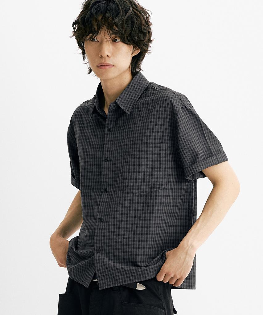 Denawo Crop Check Short Sleeve Shirt (Charcoal)