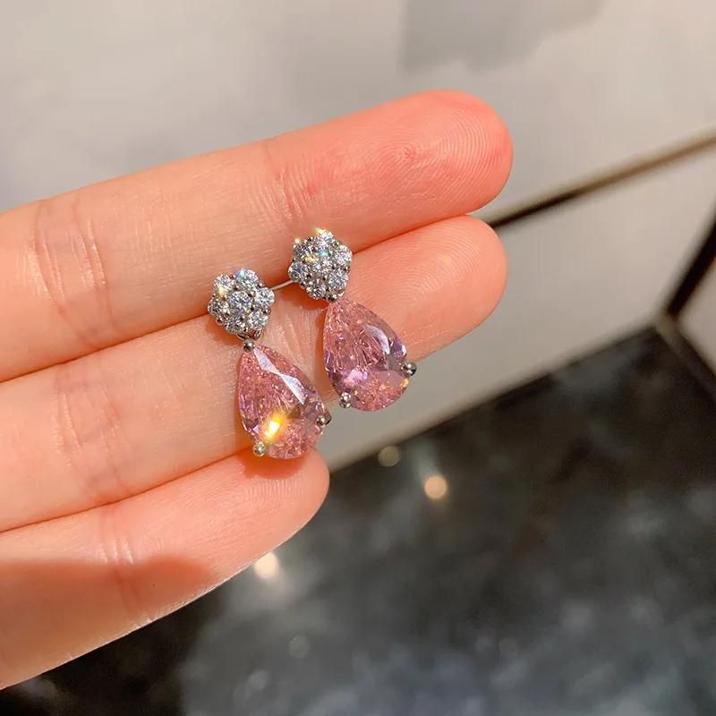 Cute Women Fashion  Sterling Silver Shiny Water Drop Ear Dangler Trendy Zircon Crystal Flower Elegant Bridesmaid Earrings