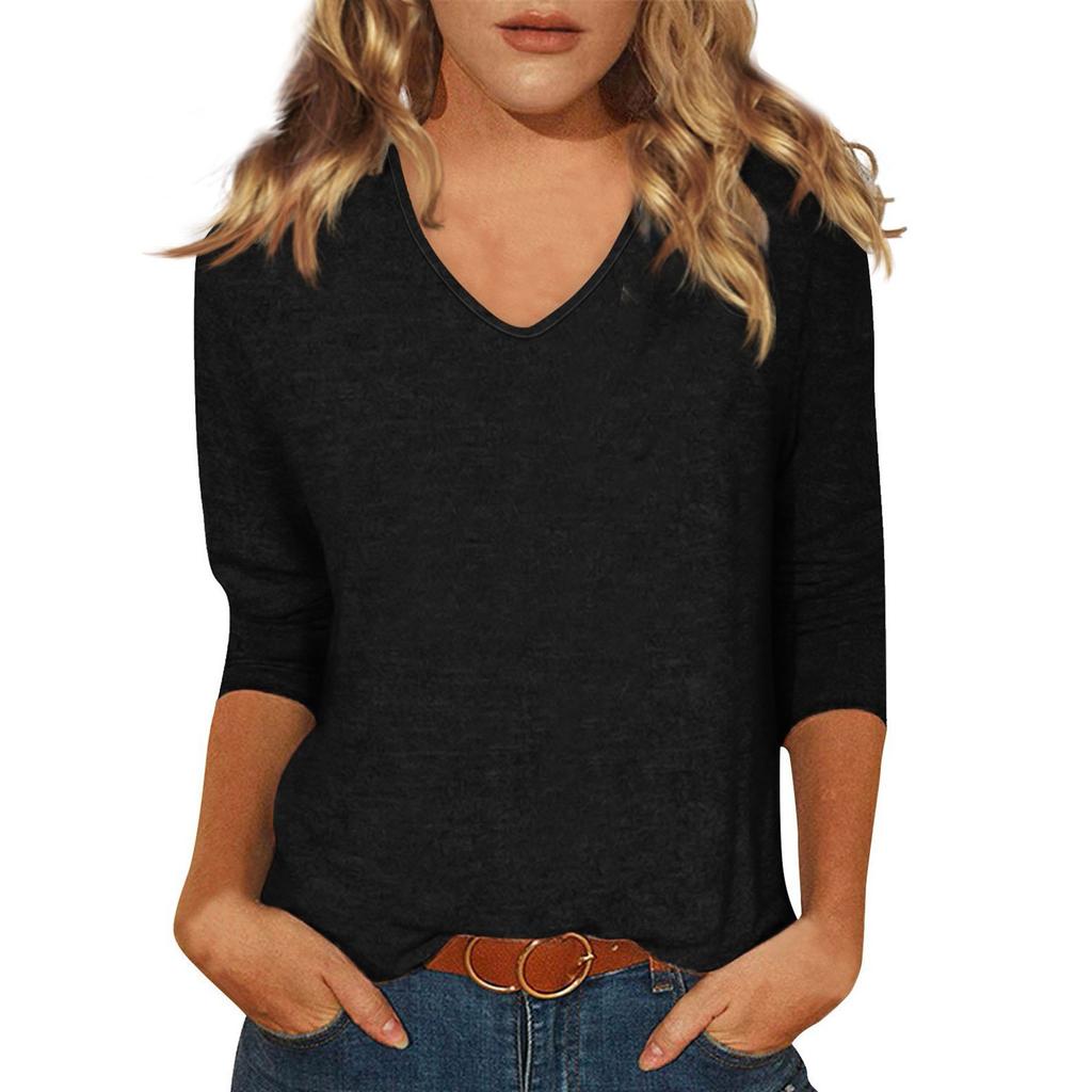 Damen T-Shirt Mode Lässig Alltag Vielseitig V-Ausschnitt 3/4-Ärmel Oberteile Unifarben Bedrucktes T-Shirt Top