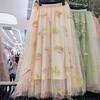 Qooth Sweet Women Floral A Line Tulle Skirt Rustic Style Wide Hem Mid Length Elastic Waist Casual Skirt QT2656