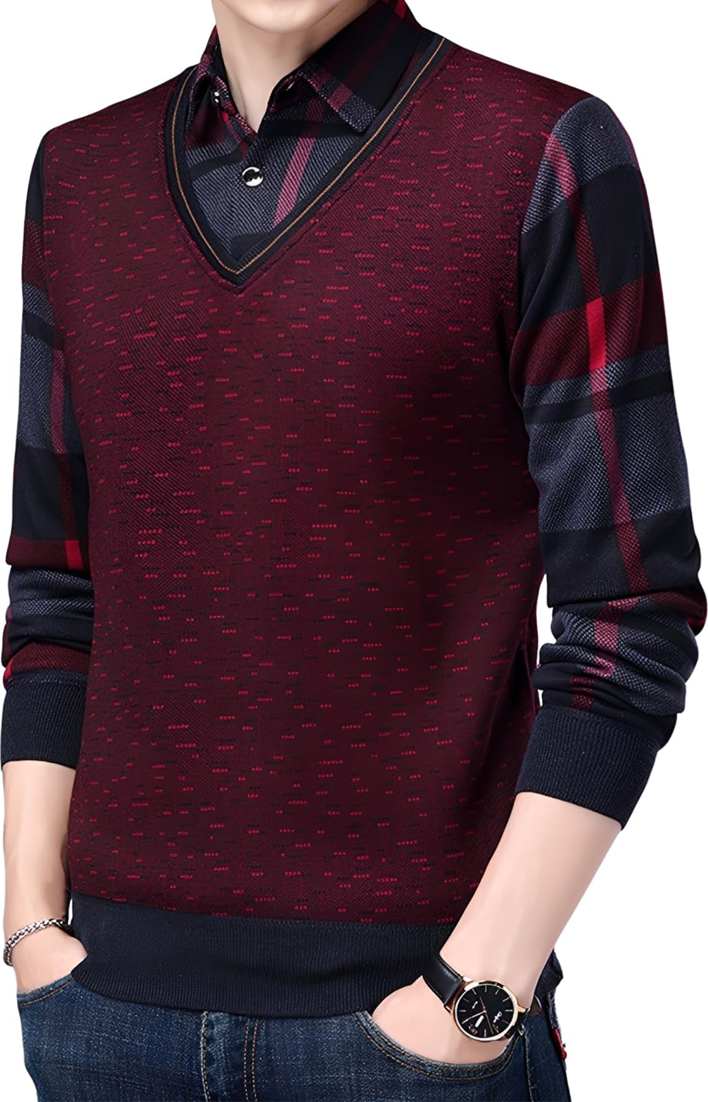 

United Doors Men s Faux Layered Checkered Shirt, Stylish Winter Casual Basic, Red, 5A-D06-RDL