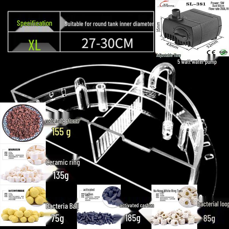Round Glass Fish Tank: 3-in-1 Silent Filter, Oxygenator, and Waterfall Box with Ceramic Trickle Media.