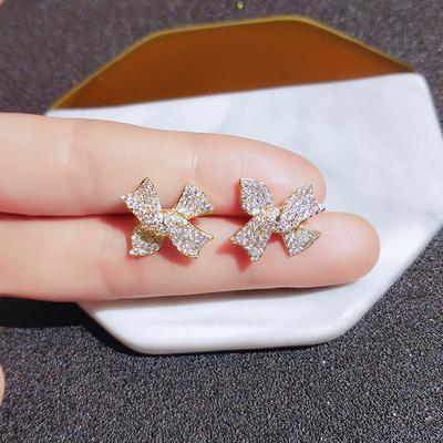 Full Diamond Bow Silver Needle Earrings Japanese Ins Trendy Earrings New Style Trendy Fairy Elephant Series Earrings