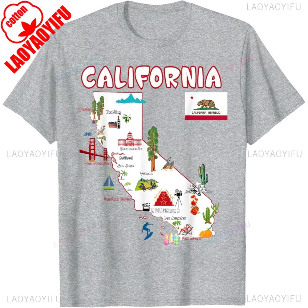 Map of California Landmarks Major Cities Flag Tshirt Funny California Souvenir Tshirt Men Women Casual Crewneck Cotton Tee