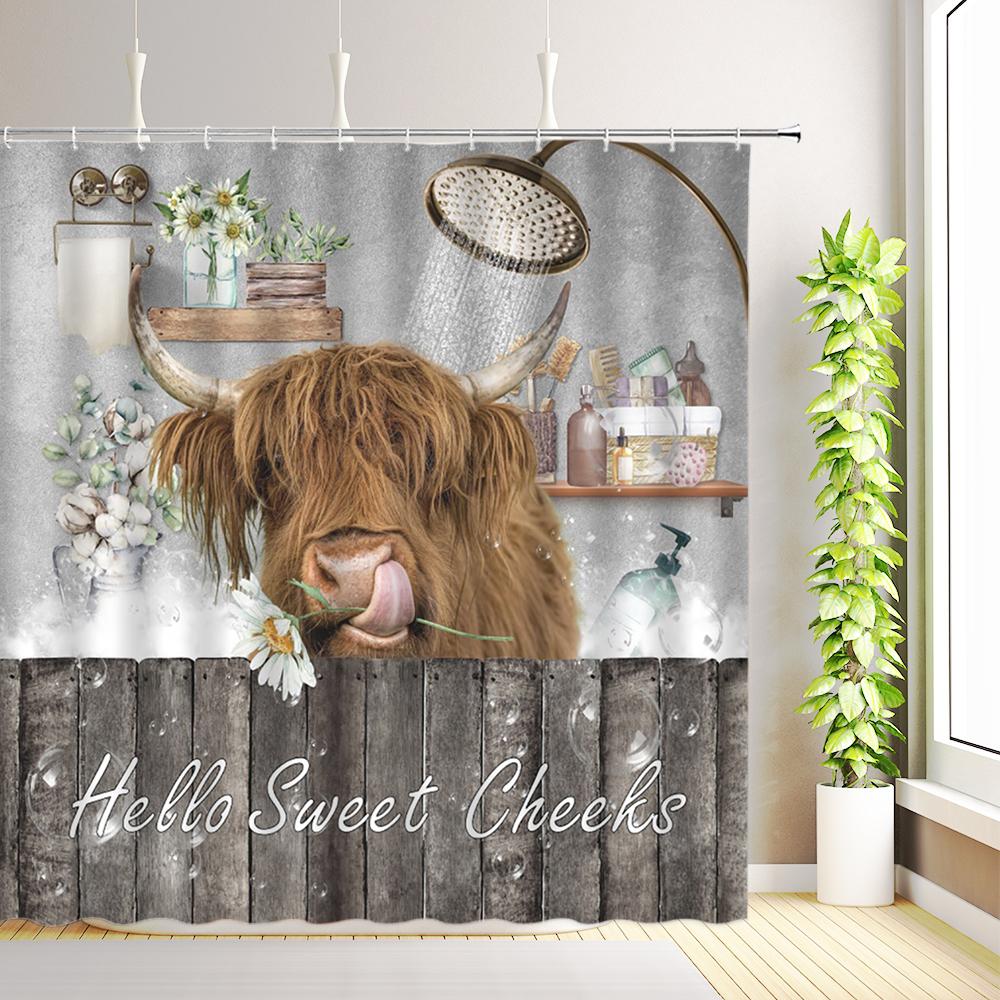 Highland Cow Shower Curtain Farm Animals Cattle Portrait Watercolor Flowers Plant Bathroom Decor Fabric Bath Curtains with Hooks