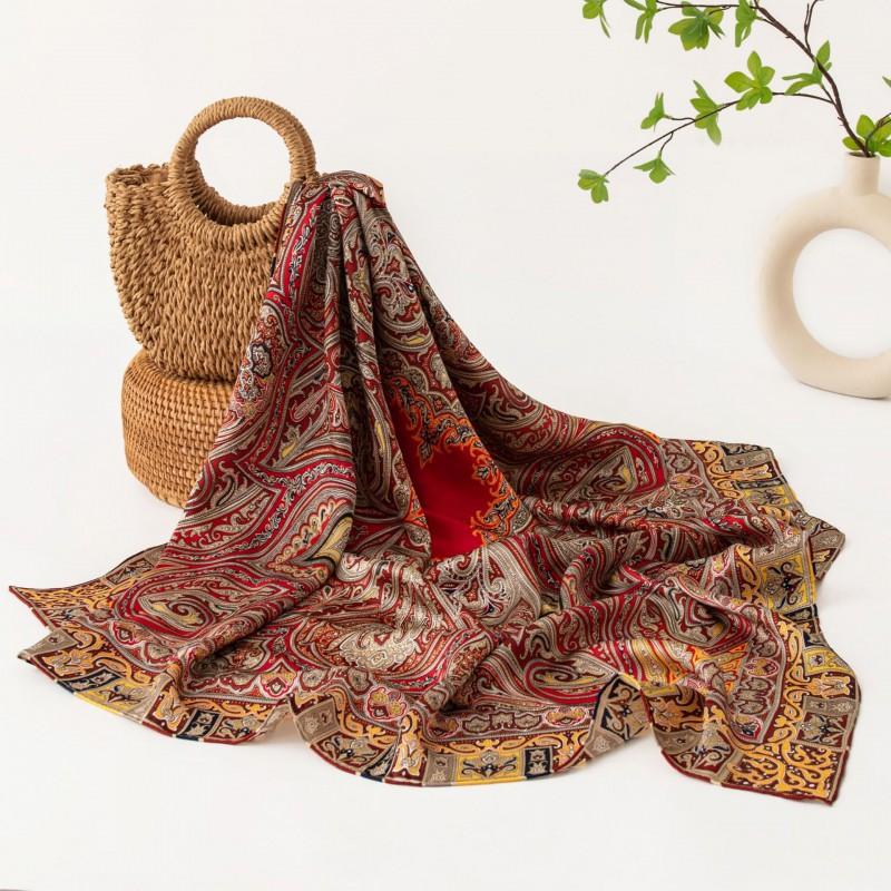 Womens Silk Scarf Gift Set Retro Ethnic Style Square 105x105cm Mulberry Shawl