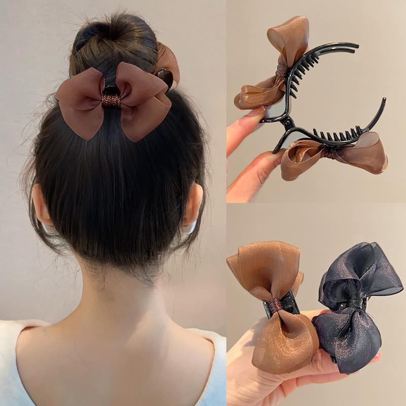 Fashion Mesh Bow Hairpin Versatile Temperament Ponytail Hair Clip For Women Girls Simple Elegant Shark Clip Hair Accessories