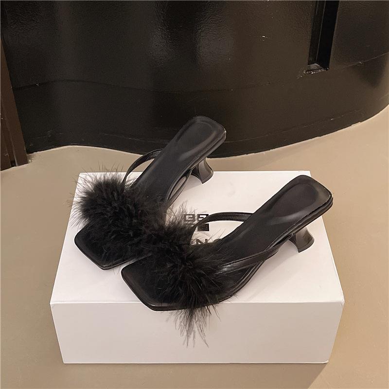 Fairy wind fluffy cool slippers female summer wear 2025 new thin heel square head gentle sexy high heels with skirt