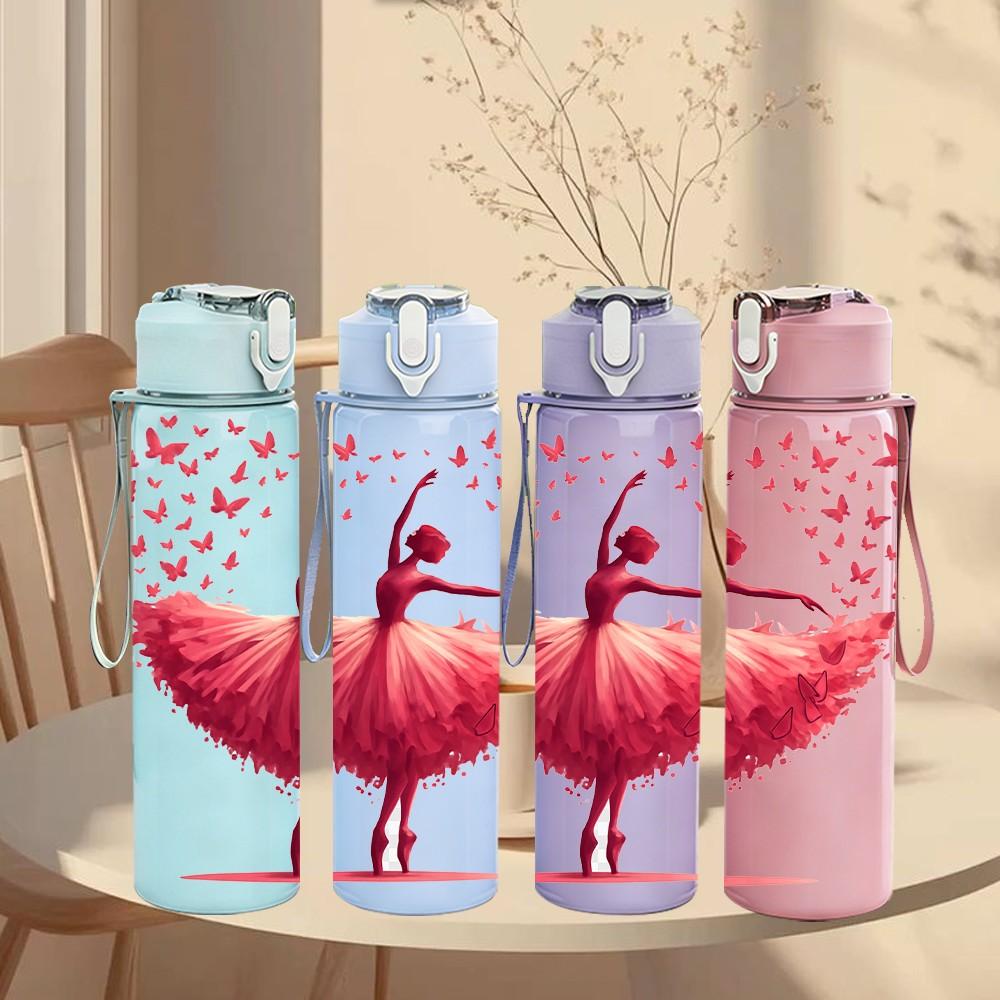 1PC Ballerina Dancer Red Tone Art Print 750ml Color Plastic Sports Water Bottle Leakproof Flip Straw Lid Suitable for Sports Office Home Use