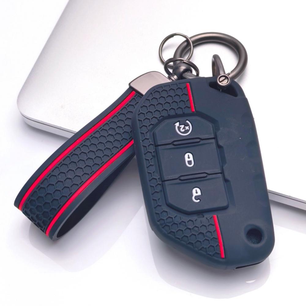Silicone Key Fob Cover with Matching Keychain Compatible with Jeep Wrangler JL Gladiator JT 2018 2019 2020 2021 2022 2023 3 Button Smart Remote Key