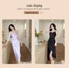 Elegant Summer French Satin Cowl Neck Spaghetti Strap Dress with Beaded Slit