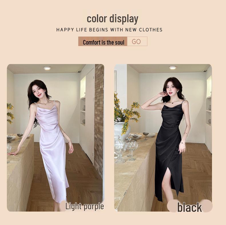 Elegant Summer French Satin Cowl Neck Spaghetti Strap Dress with Beaded Slit