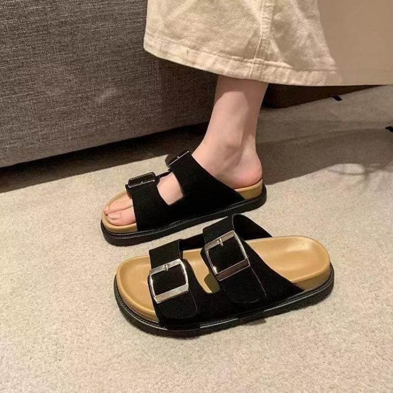 Summer new flat bottom one word with square buckle thick bottom beach wear cool slippers women