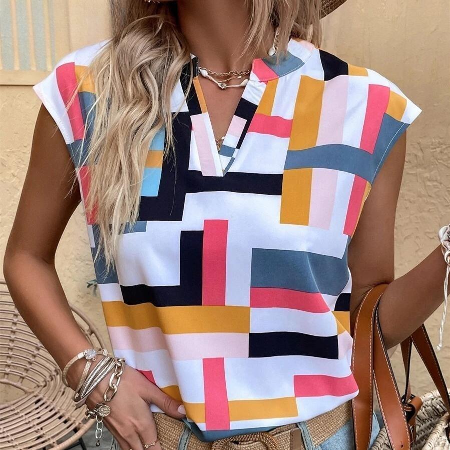 Damemote Sommer Vår Uformelt geometrisk trykk Ermeløse bluser og skjorter med V-hals