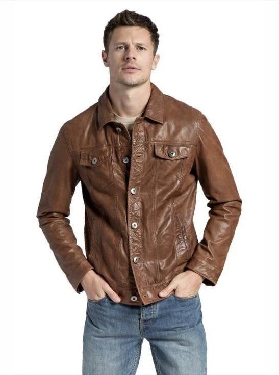 

Shirt Men Party Wear Classic Stylish Formal Casual Genuine Lambskin Leather Brown Handmade 3XL коричневый