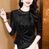 Round Neck Beaded Rose Velvet Long Sleeve Women's Shirt In Black Coffee Nylon