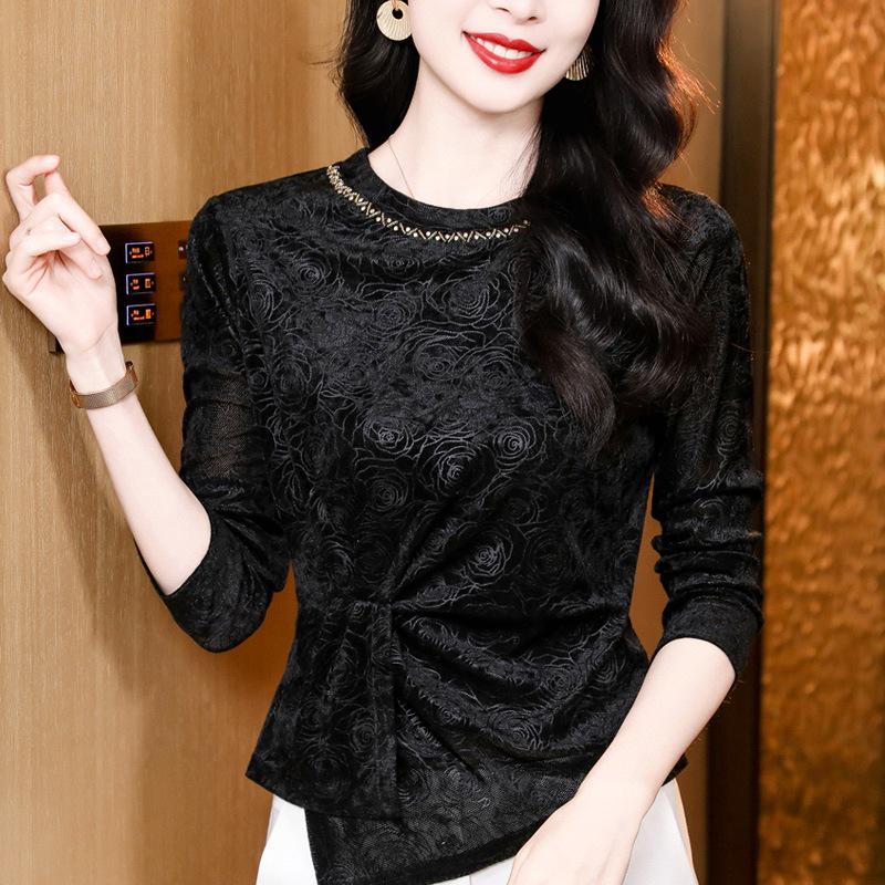 Round Neck Beaded Rose Velvet Long Sleeve Women's Shirt In Black Coffee Nylon