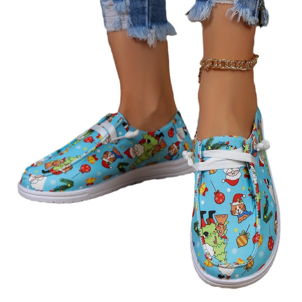 Casual single shoes women's autumn Christmas printed canvas shoes lace-up casual women's shoes