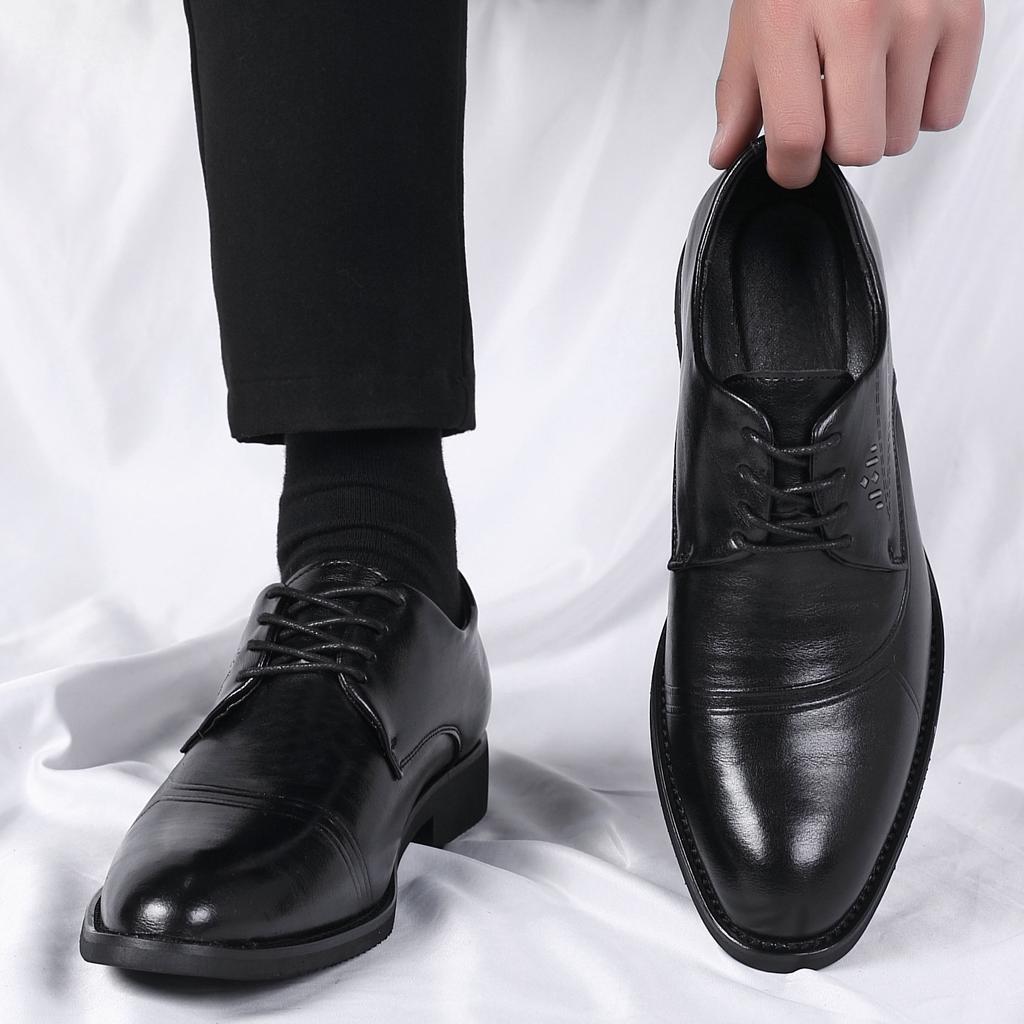 Spring Leather Shoes Men's Business Dress Genuine Leather Casual British Pointed Head Korean Version Trend Breathable Inner Height Increase Men's L