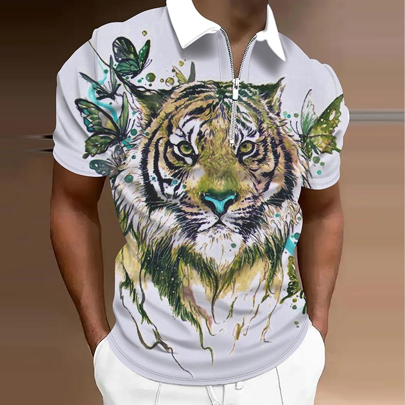 Men's  Shirt Polo Casual Zip Short Sleeve Fashion Casual Zipper Summer Spring Regular Fit 3D Tiger Print Shirt
