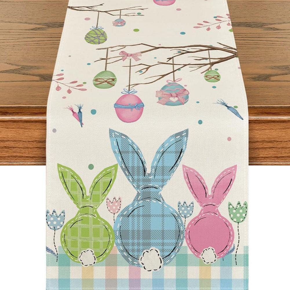 Easter Bunny Linen Table Runner Easter Rabbit Table Runner Bunny Dining Table Cloth Placemat for Kitchen Dining Table Decor