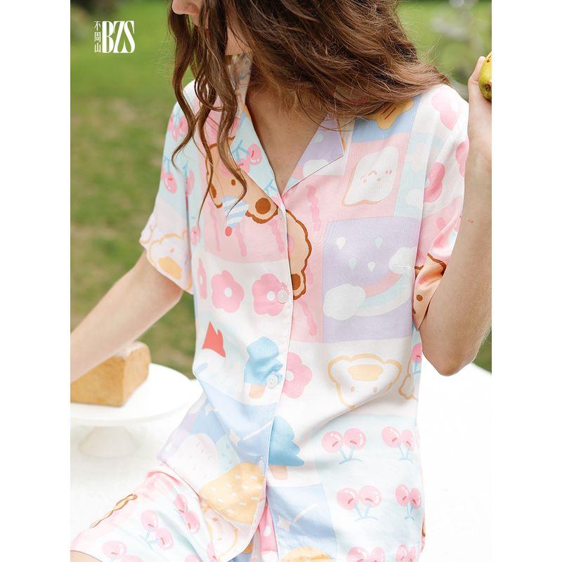 Girls' Spring and Summer Autumn Casual Loose Sweet Cute Outer Wear Homewear Cardigan Short sleeve Trousers Pajamas Set