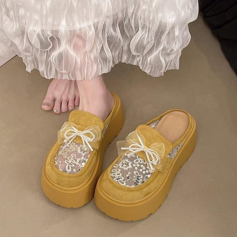 Fashion Platform Slippers Women's Fashion Round Head Deep Mouth Suede Mesh Beaded Butterfly Knot Waterproof Platform High Heels