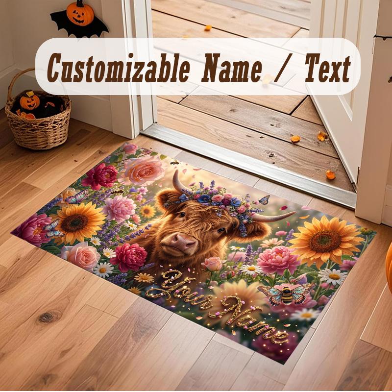 Highland Cow Theme Soft Crystal Velvet Rug Custom Name & Text Print Non Slip Floor Rug for Bedroom Living Room