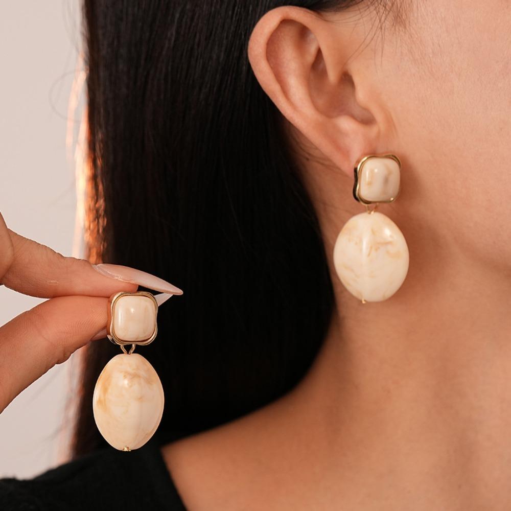 Retro Amber Tone Resin Marble Pattern Drop Earrings Double Layer Geometric Oval Dangle Earrings for Women Statement Jewelry Gift