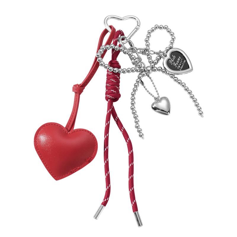 Korean Trendy Leather Heart Bow Keychain Delicate Beaded Keyring Car Key Holder Bag Pendant Decoration For Girls Gift