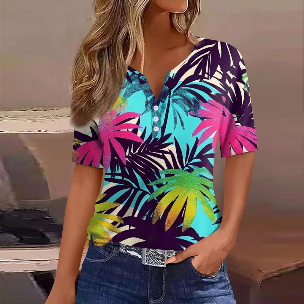Women's T Shirt Print Button Short Sleeve Daily Weekend Fashion Basic V- Neck Regular Top