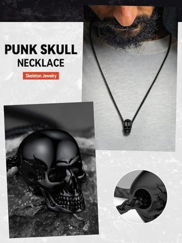 FaithHeart Men's Stainless Steel Skull Necklace, Punk Gothic Retro Jewelry, Halloween Christmas Gift with Box