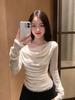 Spring Sweet Lace Patchwork One-Shoulder Slimming Long Sleeve T-Shirt Top