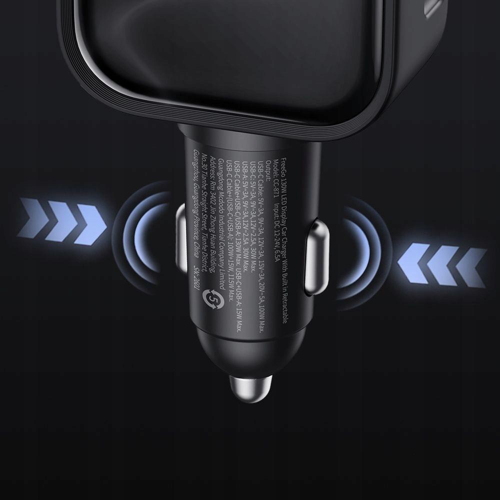Mcdodo Szybka Ładowarka Samochodowa 3X Usb Usb-C 93W Led Kabel Zwijany 1M
