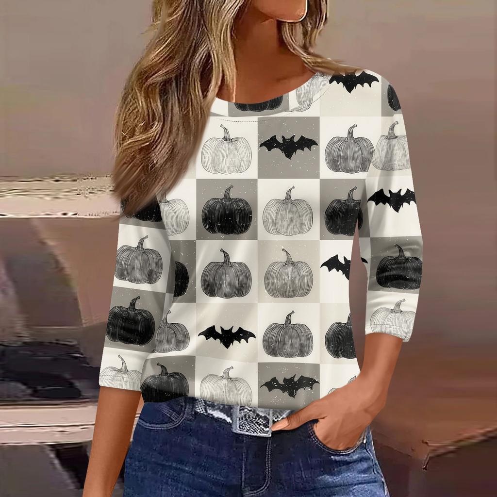 Women's 3/4 Sleeve Casual Loose Fit Round Neck Shirt Halloween Pumpkin Print T-Shirt Comfortable Lightweight Top for Everyday Wear