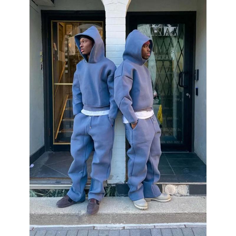 Unisex Oversized Hooded Sweatshirt Matching Joggers Set Solid Color Streetwear Casual Lounge Wear