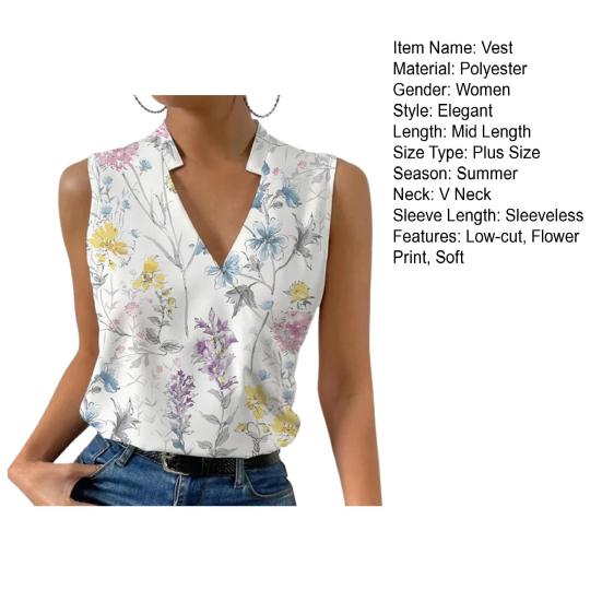 Damska koszulka z kwiatowym nadrukiem, dekoltem w szpic, bez rękawów, swetrem średniej długości, miękka, damska kamizelka w dużych rozmiarach, odzież damska