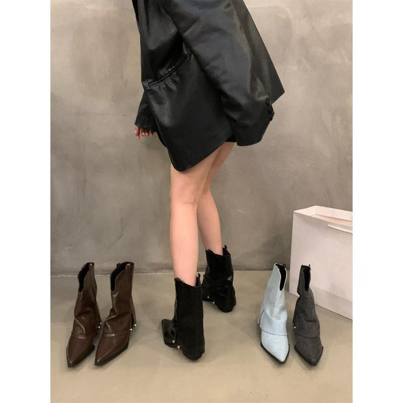 Women's Slouched Ruched Fold Over Boots Covered Heel Slouchy Ankle Boots Wide Calf Pointed Toe Casual Boots for Women Low Chunky Block Heel Booties