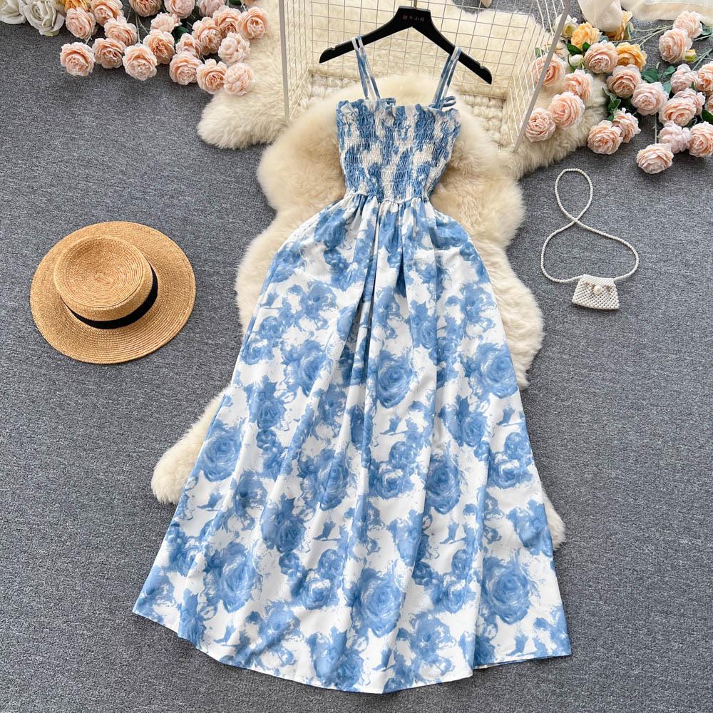 Koreansk stil for kvinner Rose Blomstertrykk Retro Festkjole Sommer Elastisk Høy midje Ferie Lang kjole Strand Vestido
