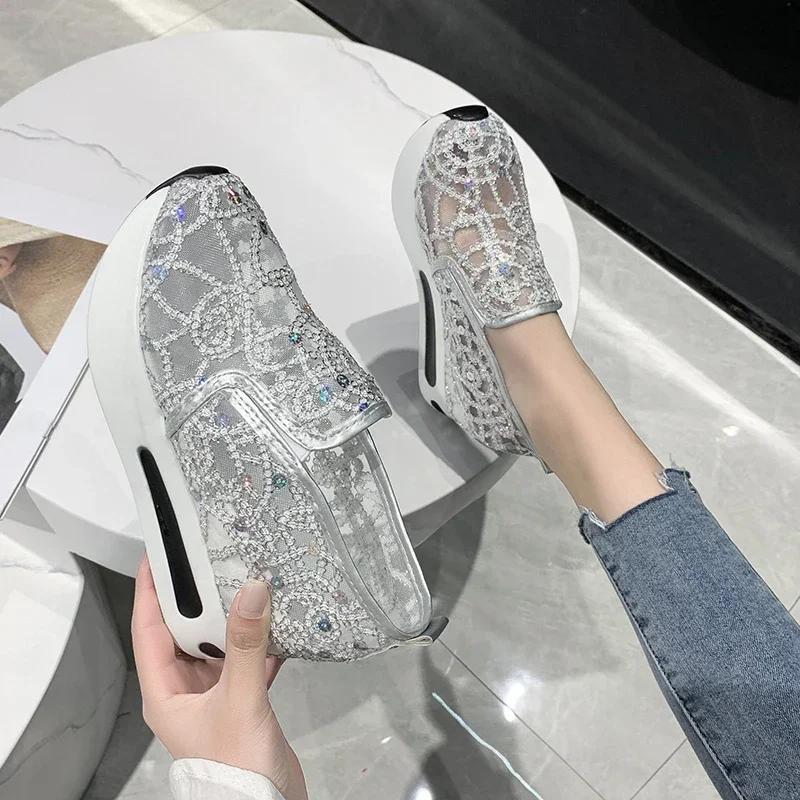 Women Sneakers 2024 Platform Wedge Embroidery Mesh Sneakers Women Slip On Casual Comfy Heeled Shoes for Women Zapatos De Mujer