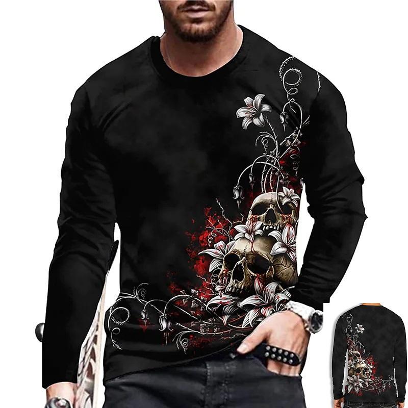 3D Personalized Skull Printed Top Casual Long Sleeved Men's T-shirts - Soft Medium Stretch Polyester Fabric Spring and Autumn Relaxed Fit Clothing