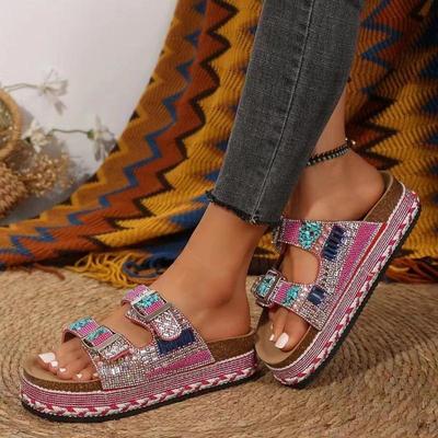 New Cross-border Foreign Trade Thick-soled Hemp Rope Double-buckle Rhinestone Cork Beach Slippers Large-size Women's Shoes